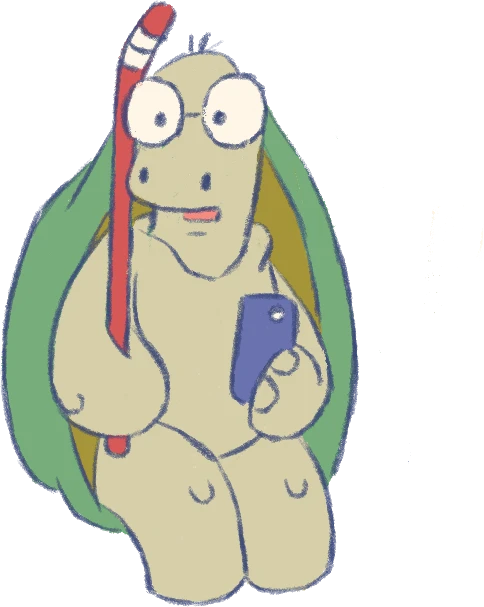 Old Kame, a turtle with big glasses holding a phone and a cane